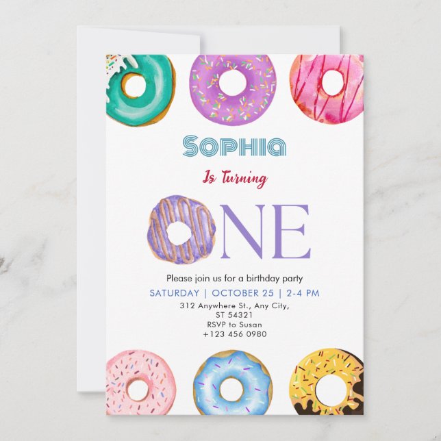 Colourful Doughnut One Birthday Party Invitation (Front)