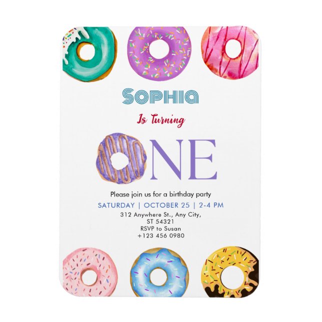 Colourful Doughnut One Birthday Party Invitation Magnet (Vertical)