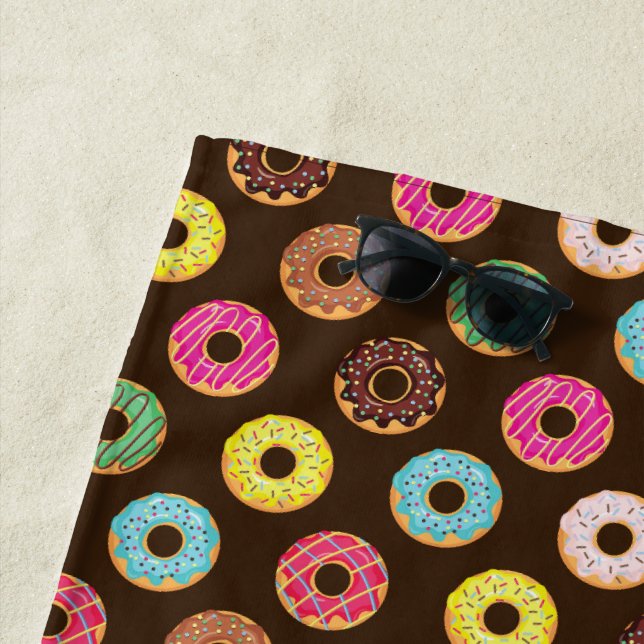 Colourful Doughnut Pattern In Chocolate Beach Towel (In Situ)