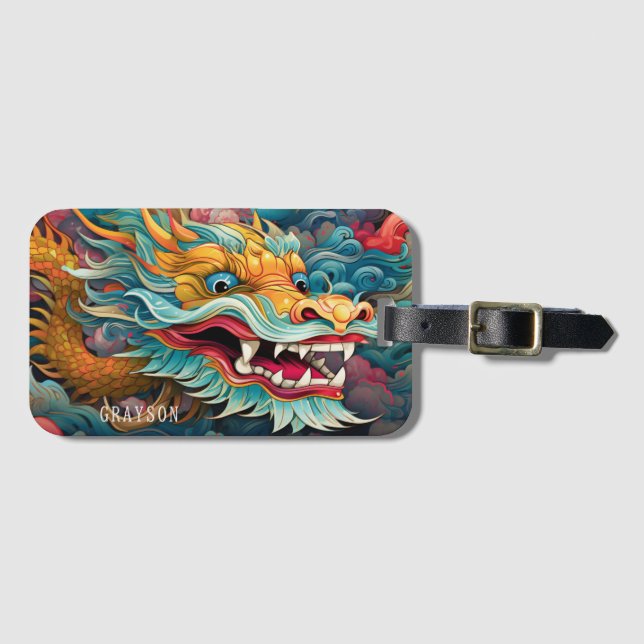 Colourful Dragon Modern Personalised Name Luggage Tag (Front Horizontal)