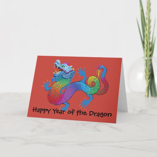 Colourful Dragon on red Chinese New Year Greeting Holiday Card (Front)