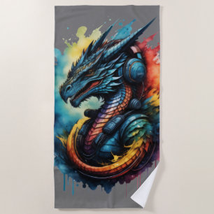 Colourful Dragon Wearing Headphones Music Gaming Beach Towel