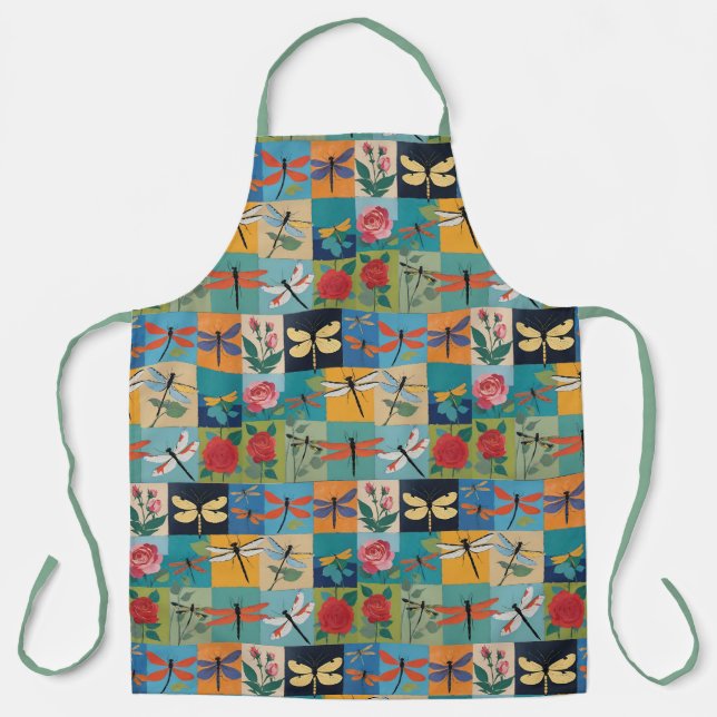 Colourful Dragonflies And Roses Patchwork Apron (Front)
