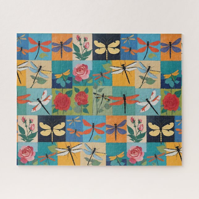 Colourful Dragonflies And Roses Patchwork Jigsaw Puzzle (Horizontal)