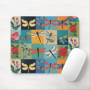 Colourful Dragonflies And Roses Patchwork Mouse Pad