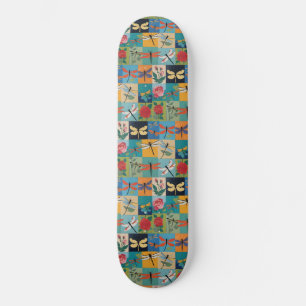 Colourful Dragonflies And Roses Patchwork Skateboard