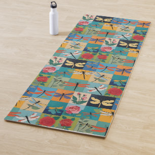 Colourful Dragonflies And Roses Patchwork Yoga Mat