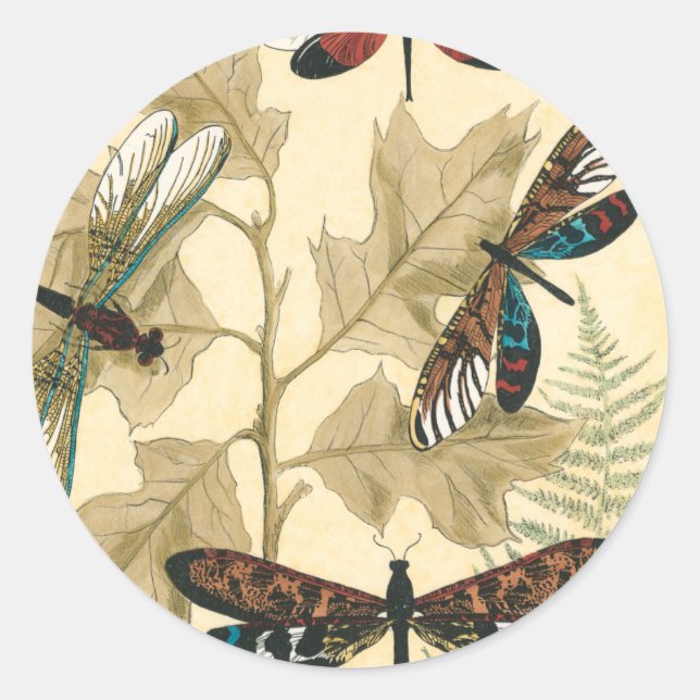 Colourful Dragonflies Floating Above Leaves Classic Round Sticker (Front)