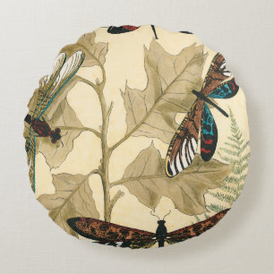 Colourful Dragonflies Floating Above Leaves Round Cushion
