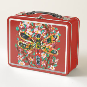 Colourful Dragonfly Among Cherry Blossoms Metal Lunch Box