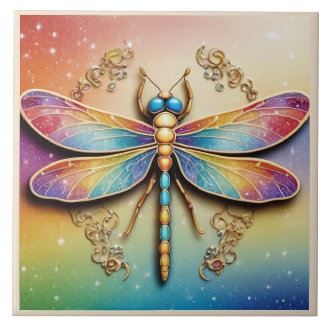 Colourful Dragonfly - Gold & Rainbow multicolor Tile (Front)