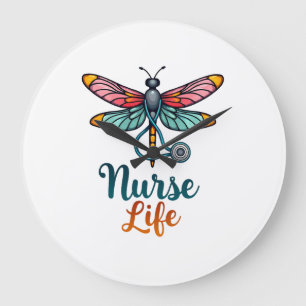 Colourful dragonfly Nurse life T-Shirt (2) Large Clock