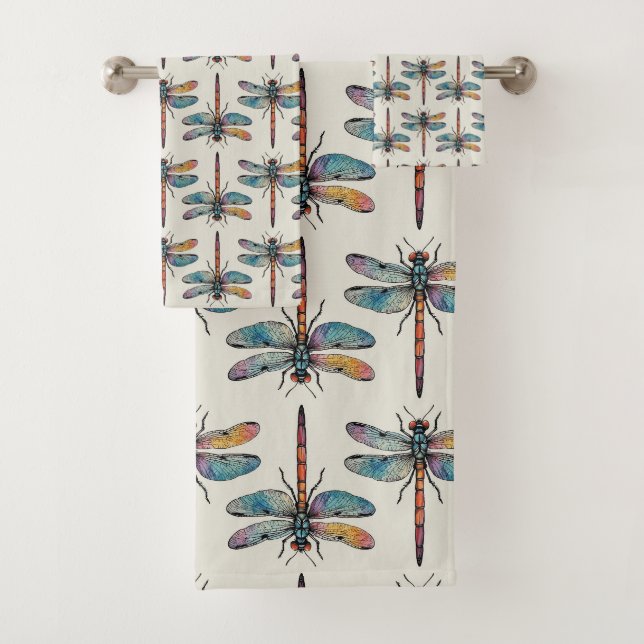 Colourful Dragonfly Pattern Bath Towel Set (Insitu)