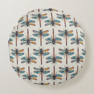 Colourful Dragonfly Pattern Round Cushion