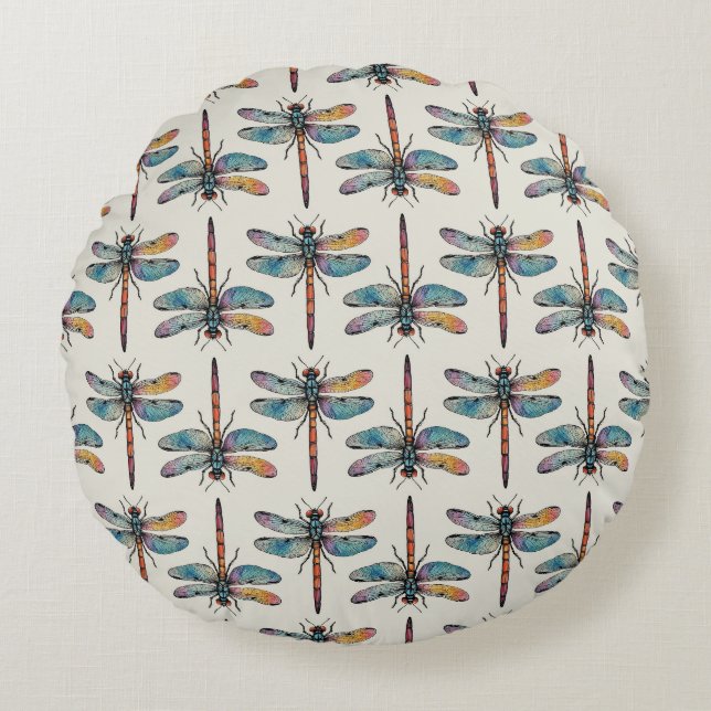 Colourful Dragonfly Pattern Round Cushion (Front)