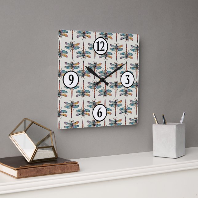 Colourful Dragonfly Pattern Square Wall Clock (Office)