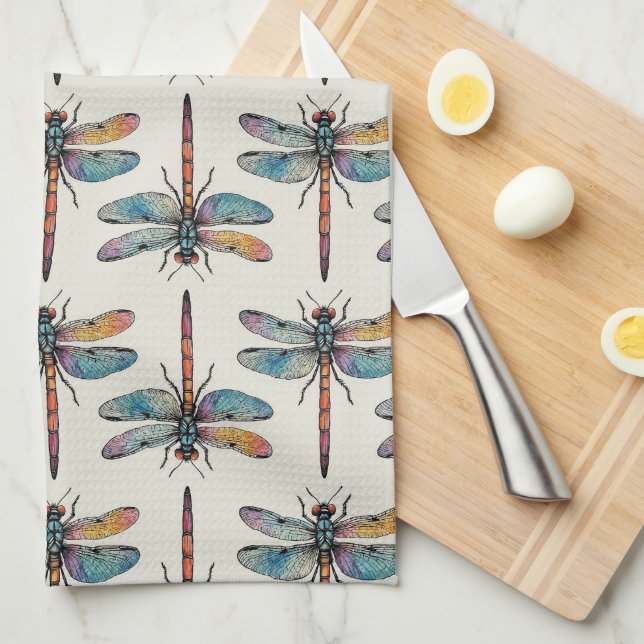Colourful Dragonfly Pattern Tea Towel (Quarter Fold)