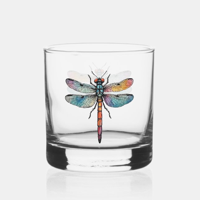 Colourful Dragonfly Whiskey Glass (Front)