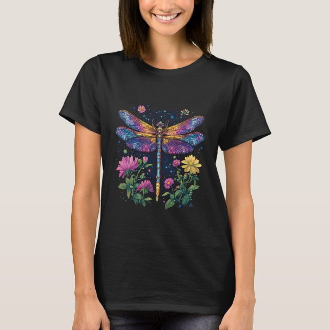 Colourful Dragonfly with Flowers T-Shirt (Front)