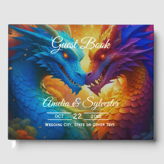 Colourful Dragons in Love Blue Wedding Guest Book