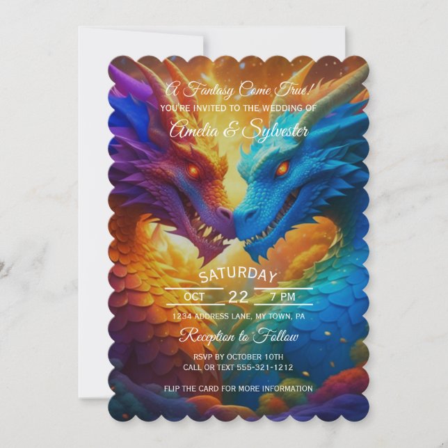 Colourful Dragons in Love Wedding Invitation (Front)