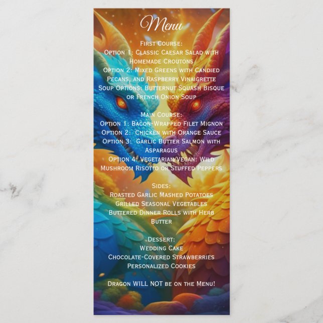 Colourful Dragons in Love Wedding Reception Menu (Front)