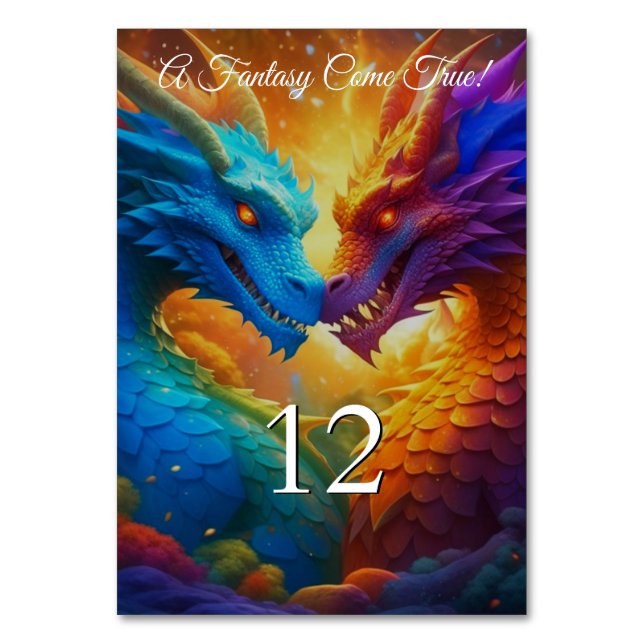 Colourful Dragons in Love Wedding Table Number (Front)