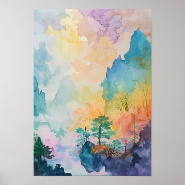 Colourful Dreamscape with Trees and Mountains Poster (Front)