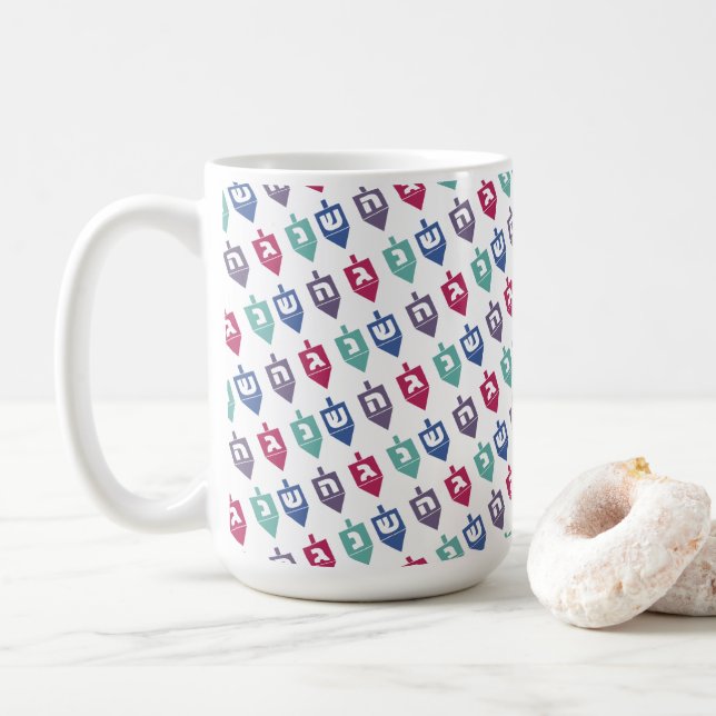 Colourful Dreidels Hanukkah Coffee Mug (With Donut)