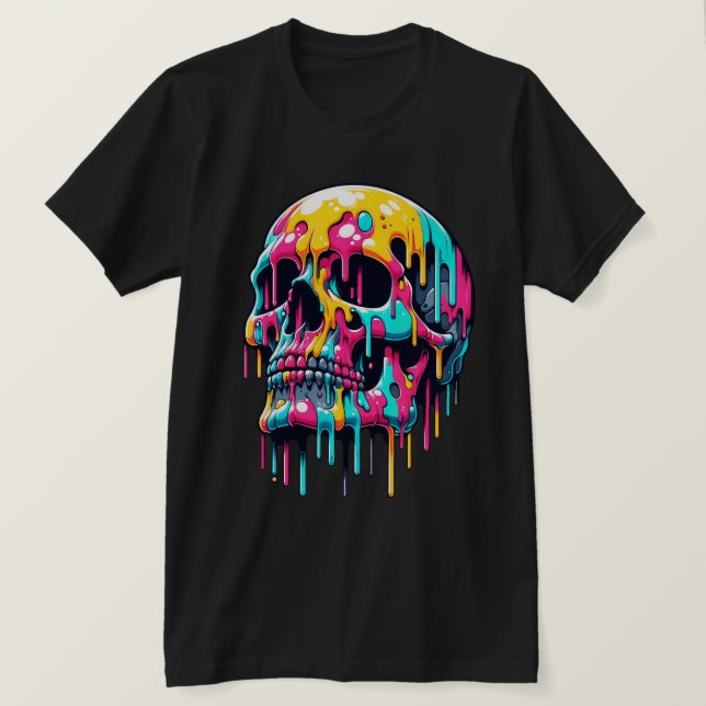 Colourful Dripping Skull - Psychedelic Skull Art T-Shirt (Design Front)