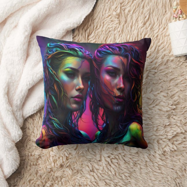 Colourful Dual Portrait of Women With Curly Hair Cushion (Blanket)