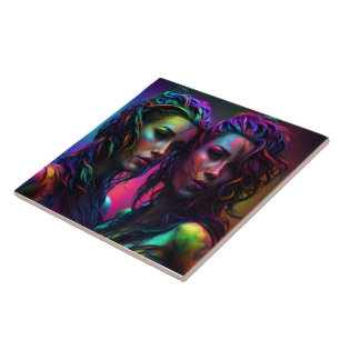 Colourful Dual Portrait of Women With Curly Hair Tile