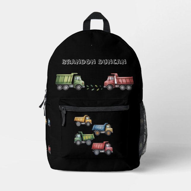 Colourful Dump Trucks 4th. Birthday Party Gift Printed Backpack (Front)
