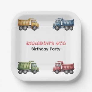 Colourful Dump Trucks 4th. Birthday Party Paper Plate
