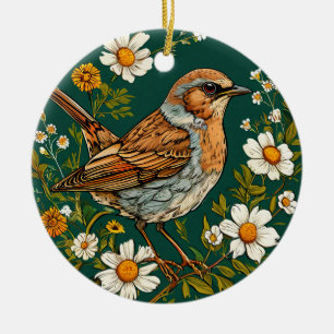 Colourful Dunnock Bird Amid Blooming Flowers Ceramic Tree Decoration