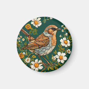 Colourful Dunnock Bird Amid Blooming Flowers Magnet