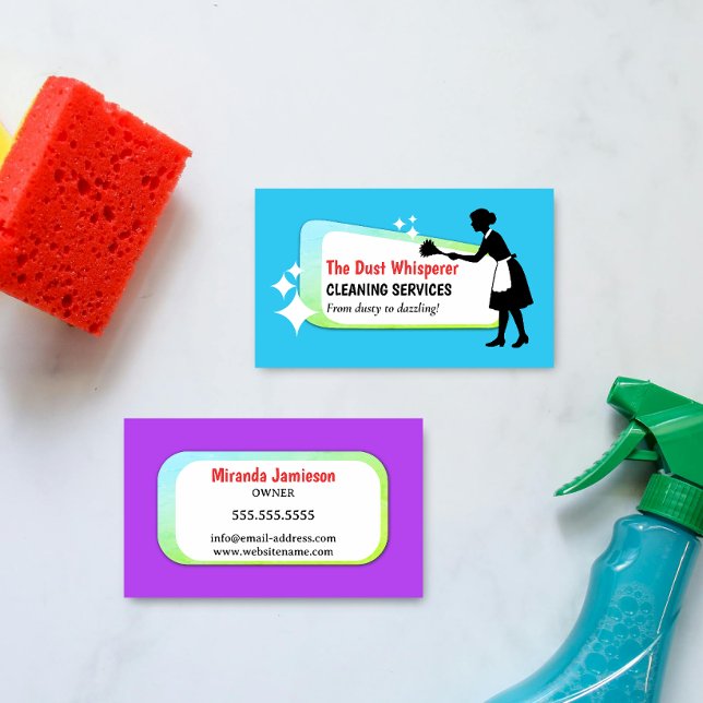 Colourful Dusting Maid Professional Cleaning Busin Business Card (Colorful and retro dusting maid professional cleaning business card front and back.)