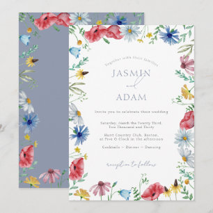 Colourful Dusty Blue Wildflower Monogram Wedding Invitation