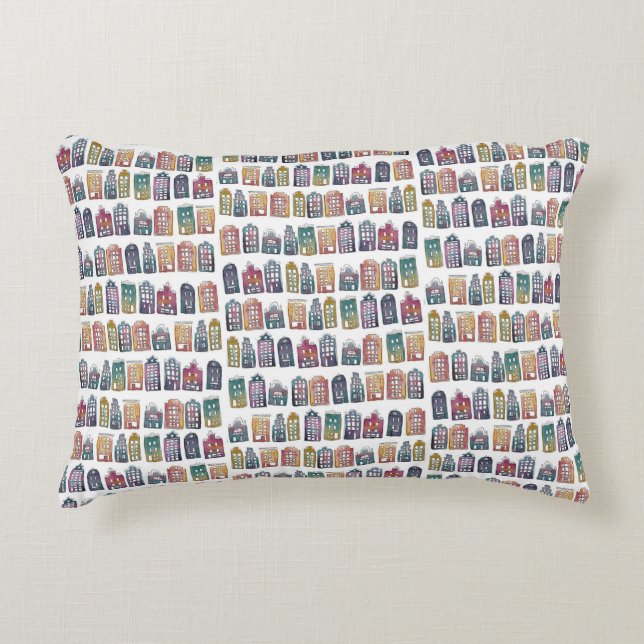Colourful Dutch Houses Amsterdam Quirky Pattern Decorative Cushion (Front)