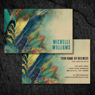 Colourful Earthy Boho Feathers Turquoise Teal Business Card