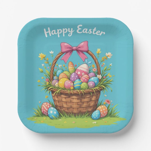 Colourful Easter Basket with Eggs Festive  Paper Plate (Front)