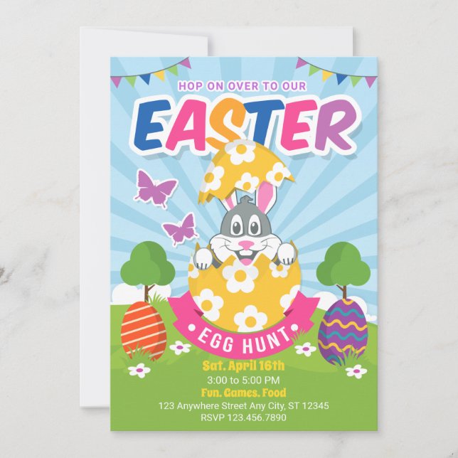 Colourful Easter Bunny Egg Hunt Invitation (Front)