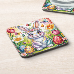 Colourful Easter Bunny Illustration with Crown Coaster