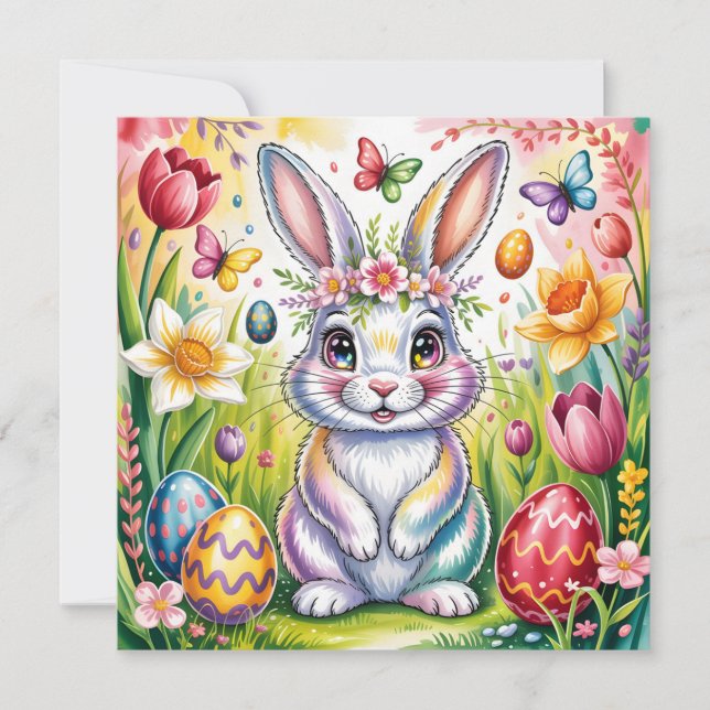Colourful Easter Bunny Illustration with Crown  Holiday Card (Front)