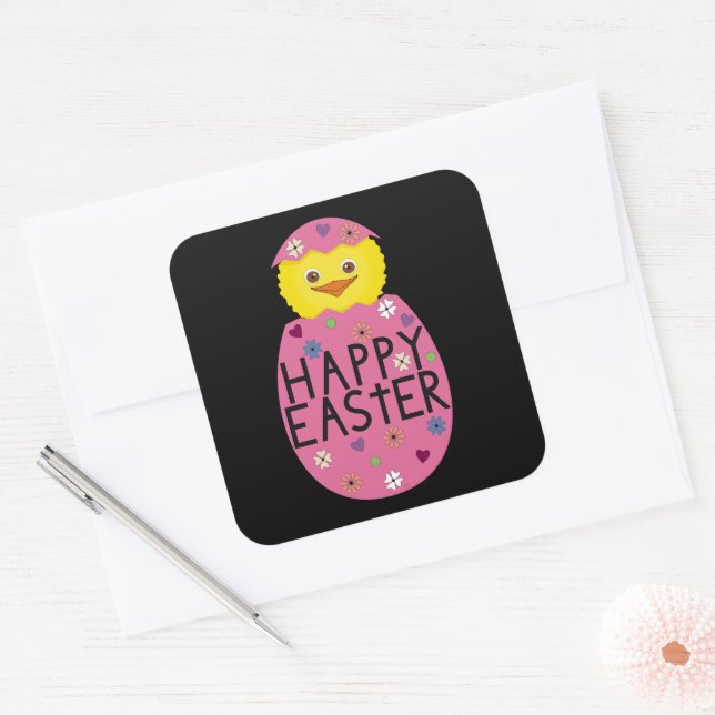 Colourful Easter Chick in Painted Egg Square Sticker (Envelope)
