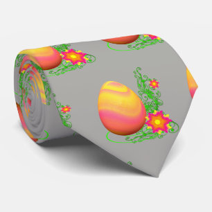 Colourful Easter Egg And Flowers On Grey Tie