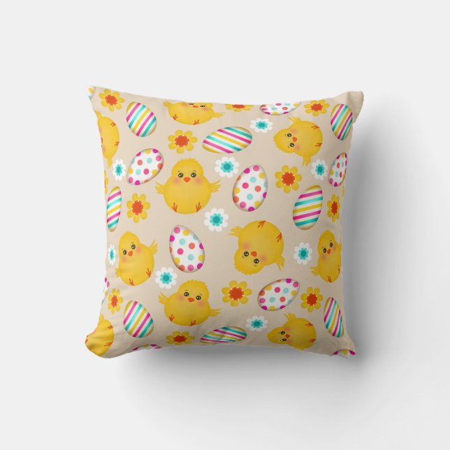 Colourful Easter Eggs and Chicks Pattern Cushion (Front)