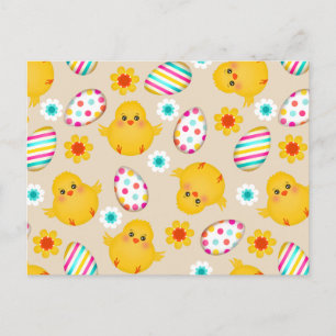 Colourful Easter Eggs and Chicks Pattern Holiday Postcard