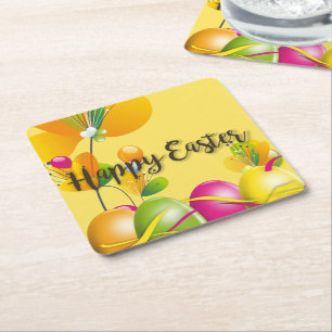 Colourful Easter Eggs and Flowers Square Paper Coaster