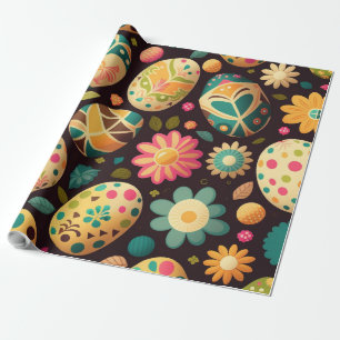 Colourful Easter Eggs and Folk Art Spring Flowers Wrapping Paper
